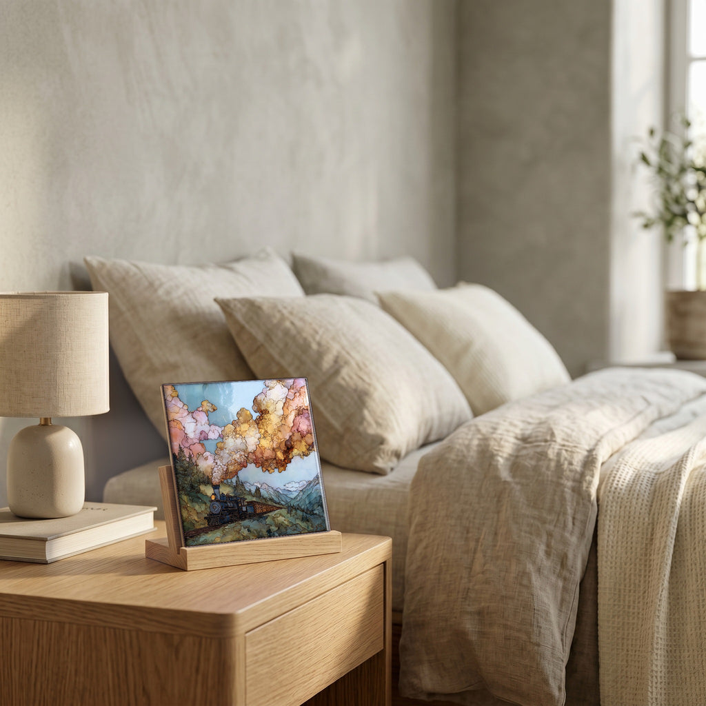 On the nightstand, on a light oak stand.