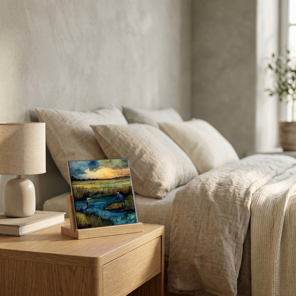 On the nightstand, catching the morning.