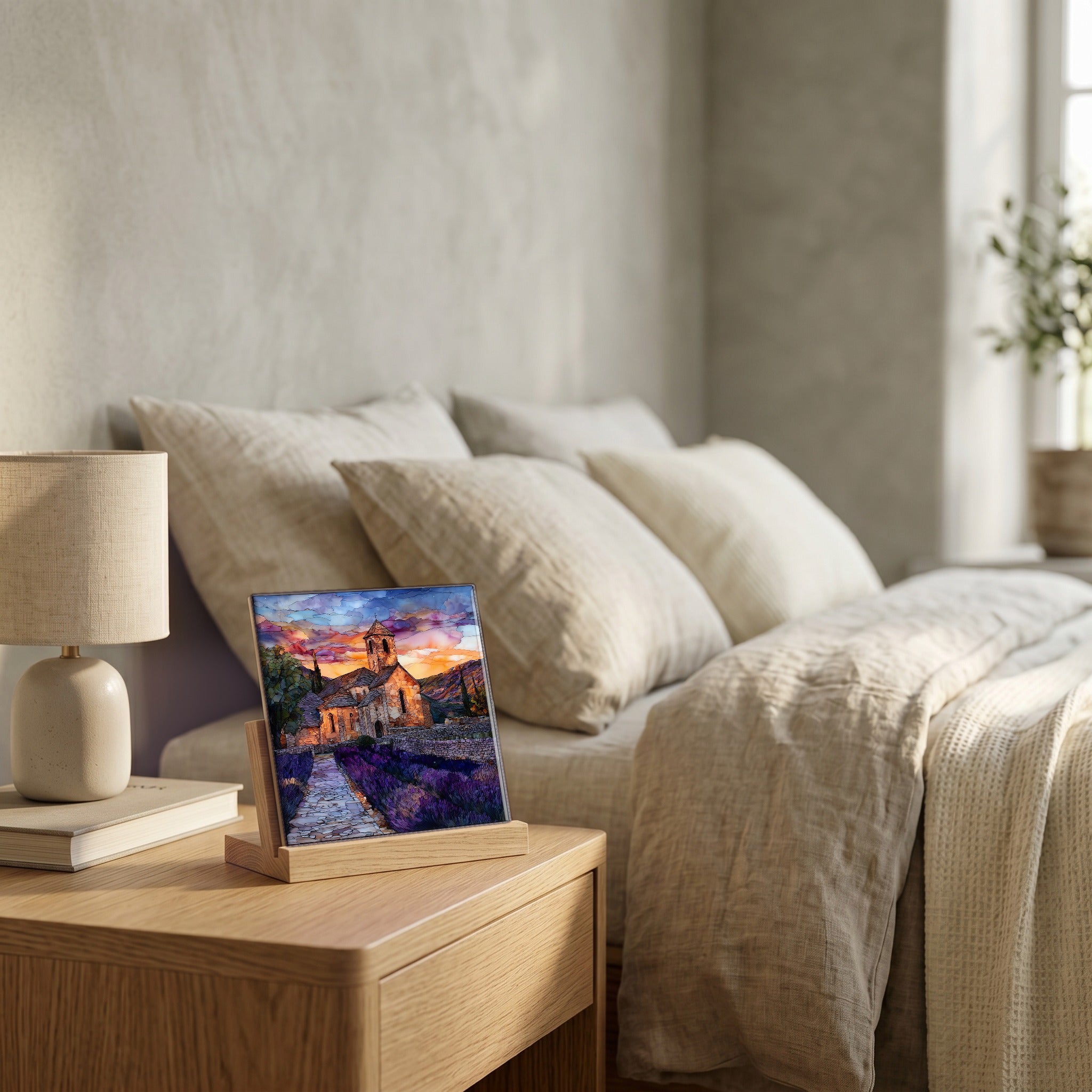 On the nightstand, on a light oak stand.