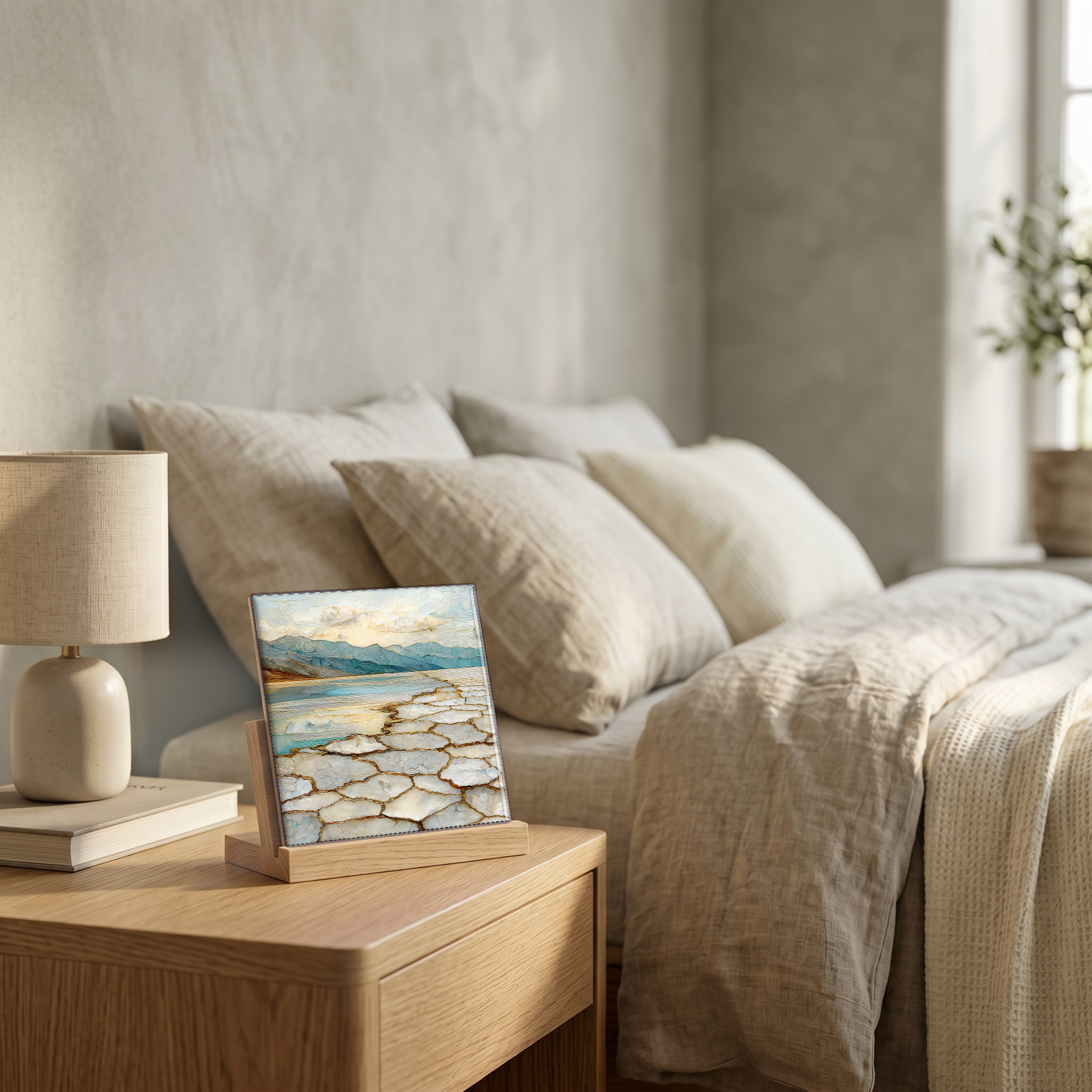 On the nightstand, on a light oak stand.