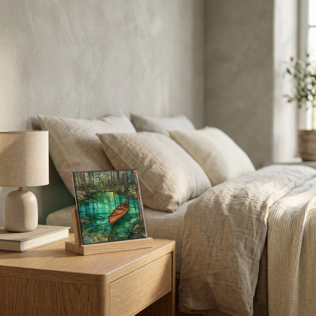 On the nightstand, catching the morning.