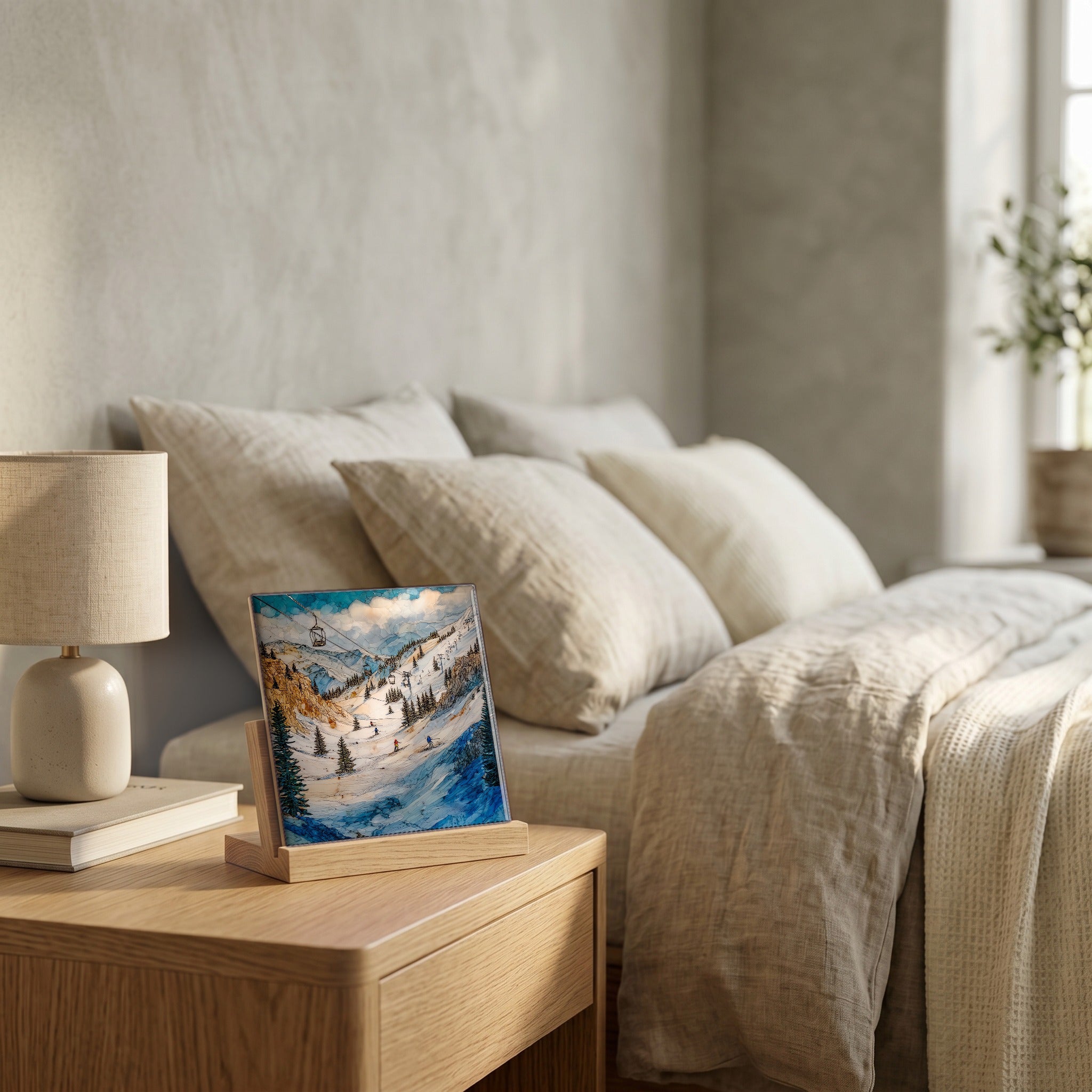 On the nightstand, catching the morning.