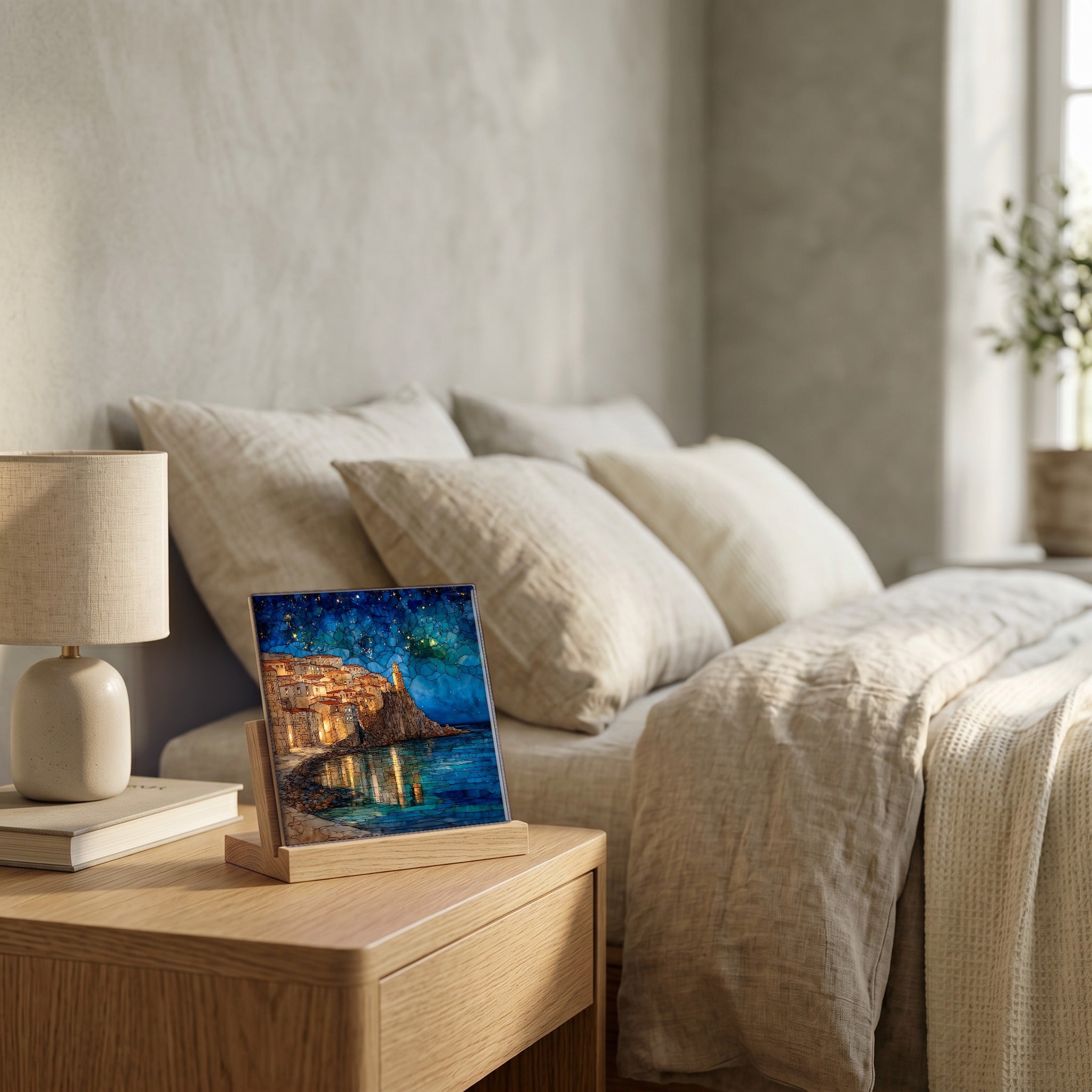 On the nightstand, catching the morning.