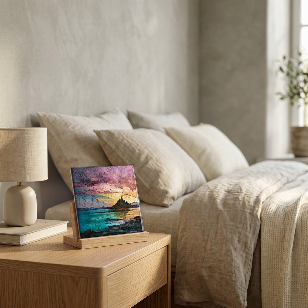 On the nightstand, catching the morning.