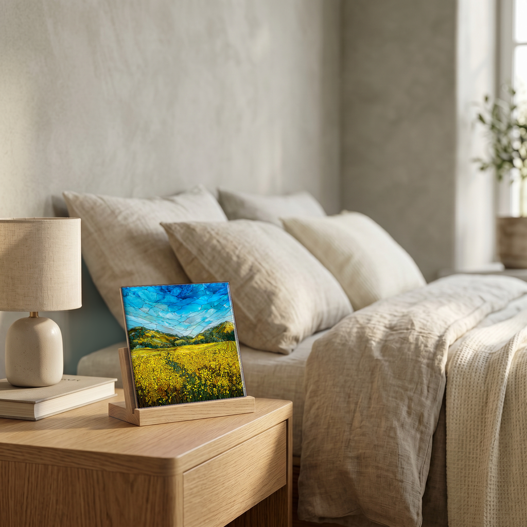 On the nightstand, on a light oak stand.