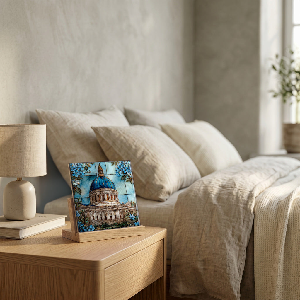 On the nightstand, catching the morning.
