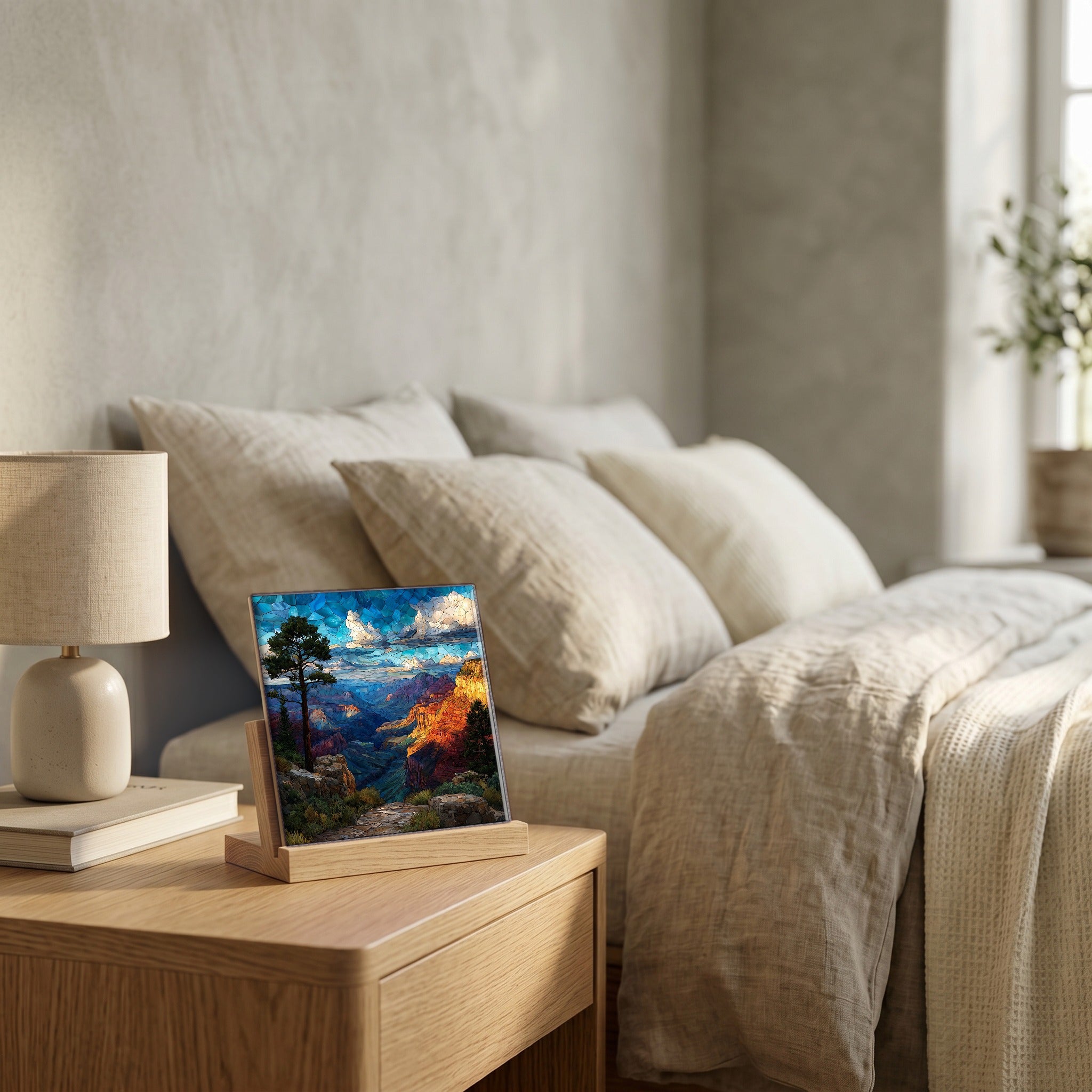 On the nightstand, catching the morning.