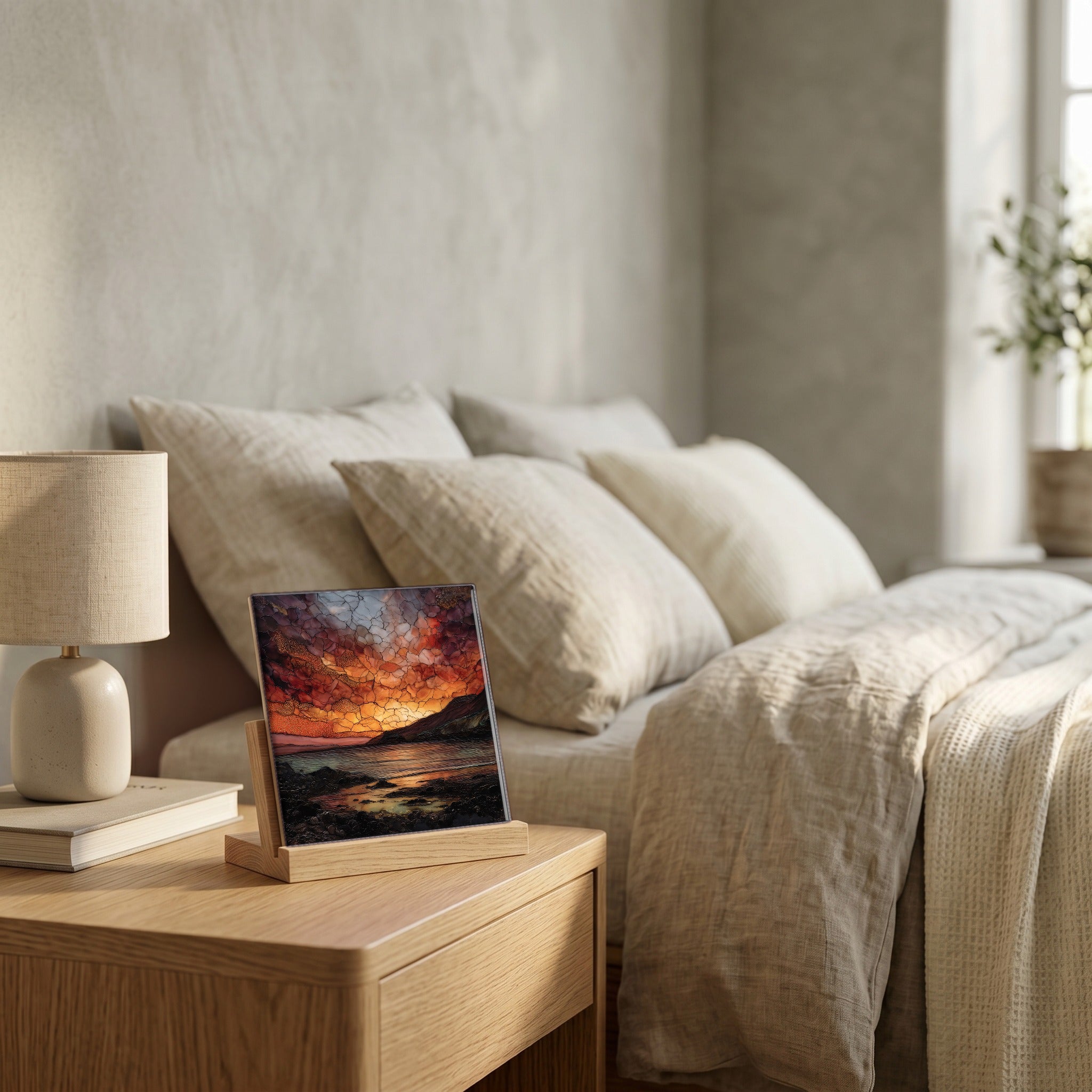 On the nightstand, on a light oak stand.