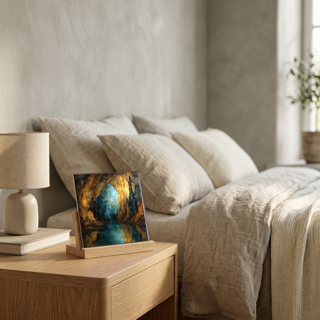 On the nightstand, catching the morning.