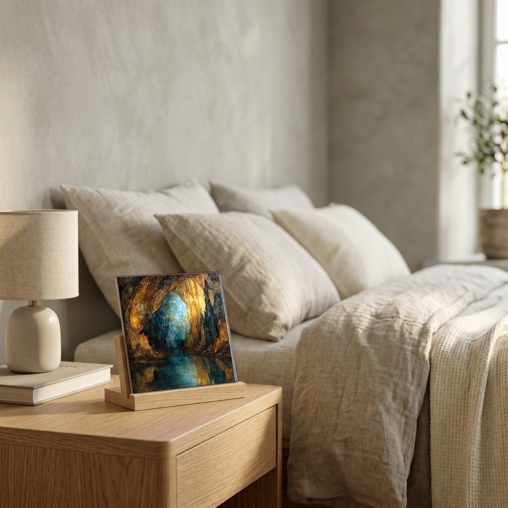 On the nightstand, catching the morning.