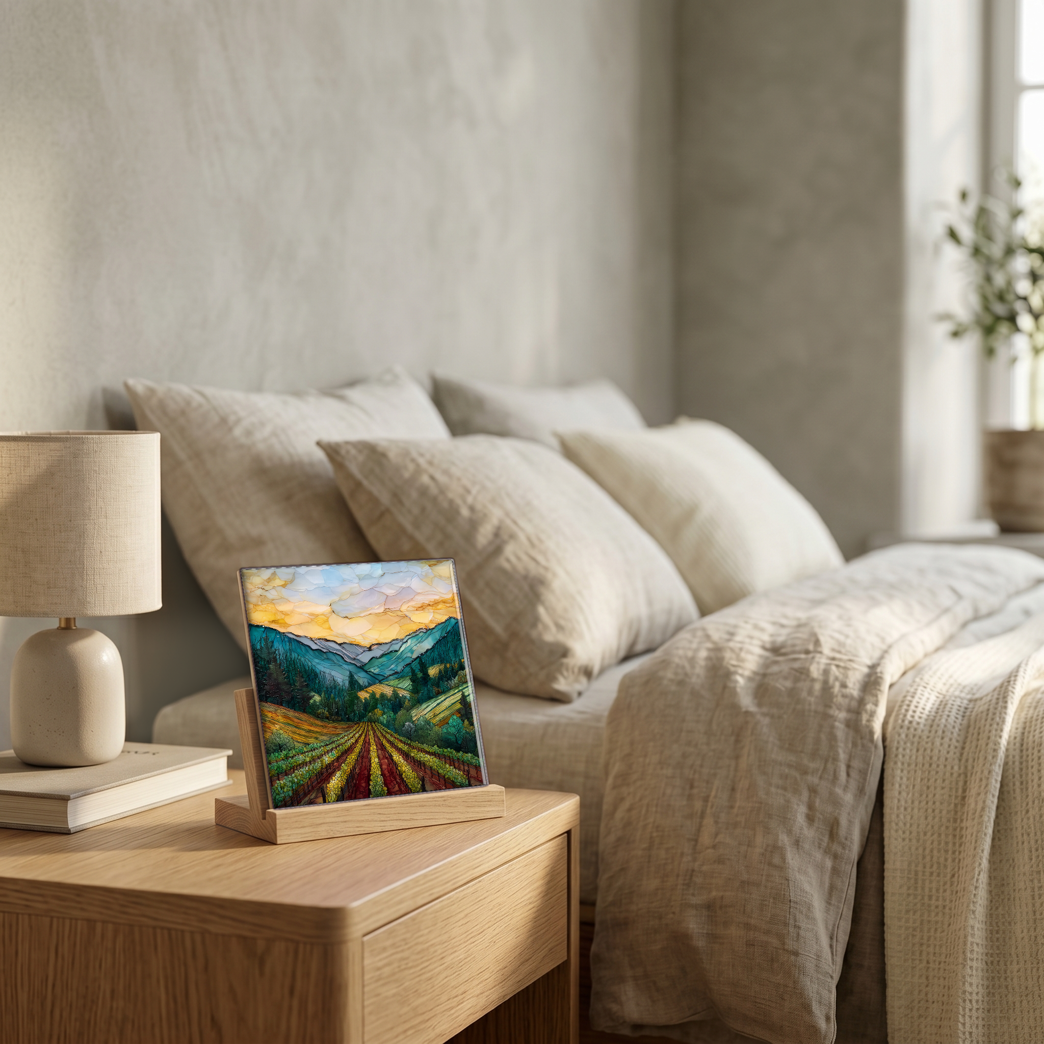 On the nightstand, on a light oak stand.