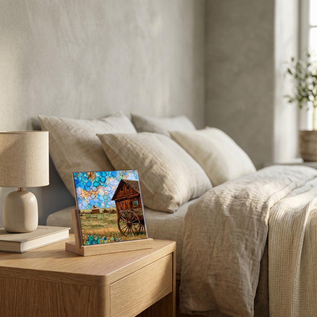 On the nightstand, catching the morning.