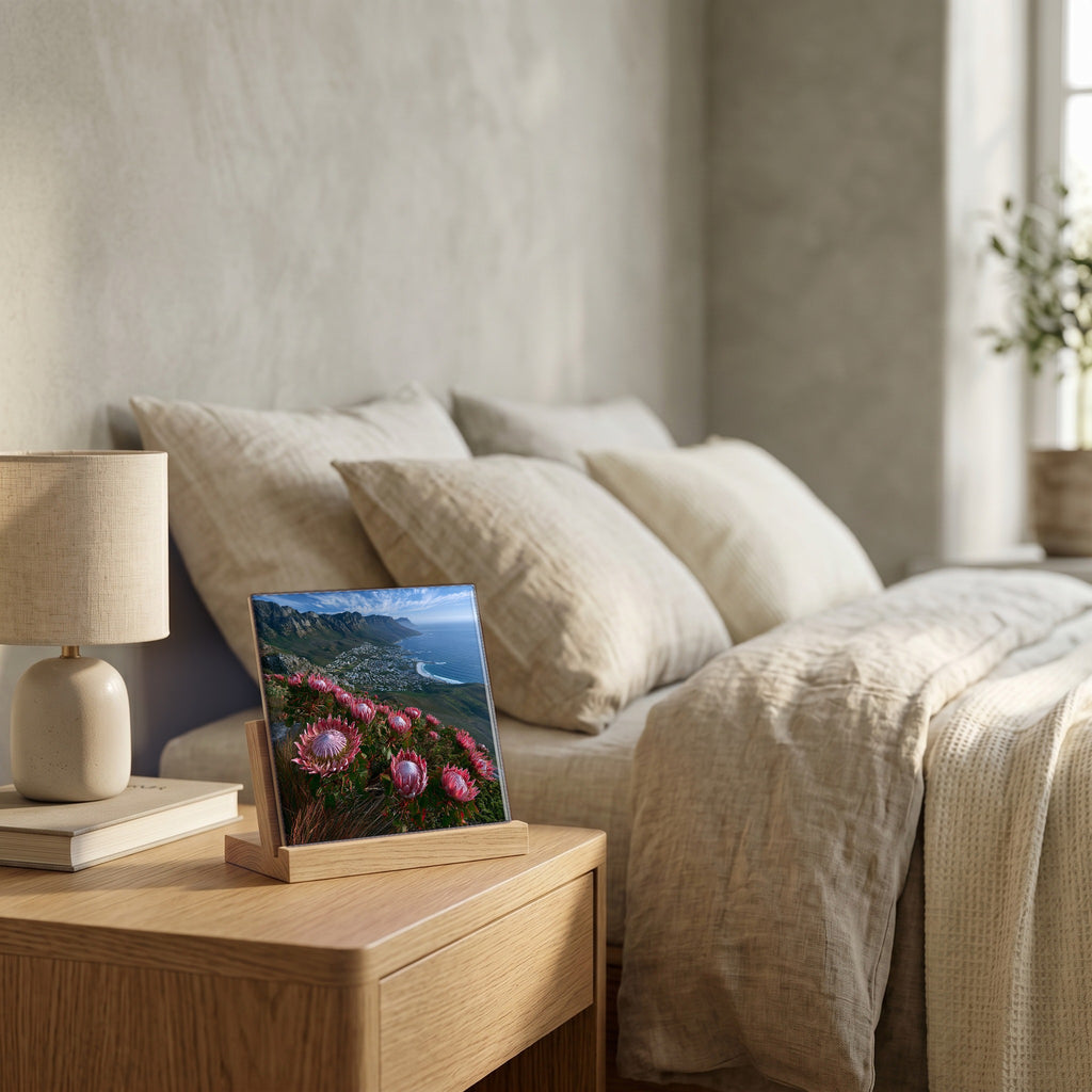 On the nightstand, catching the morning.