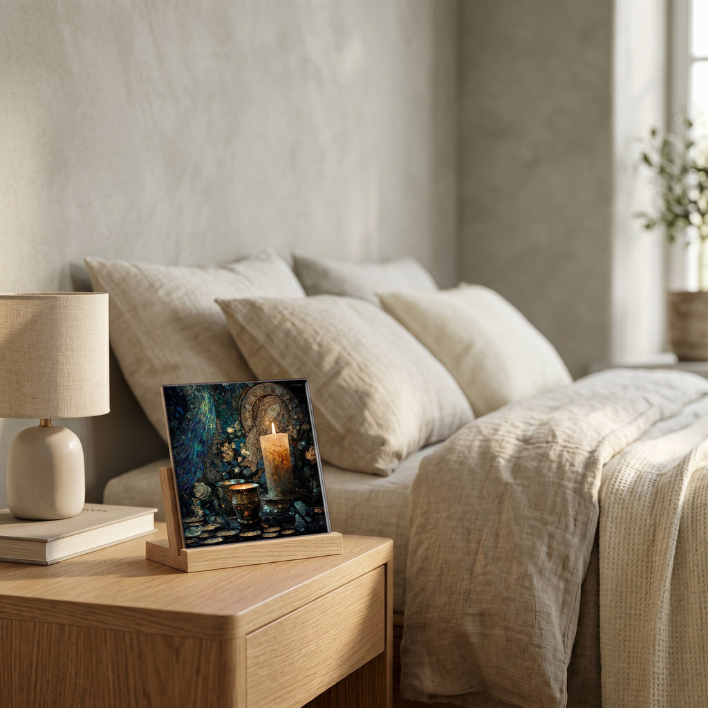 On the nightstand, on a light oak stand.