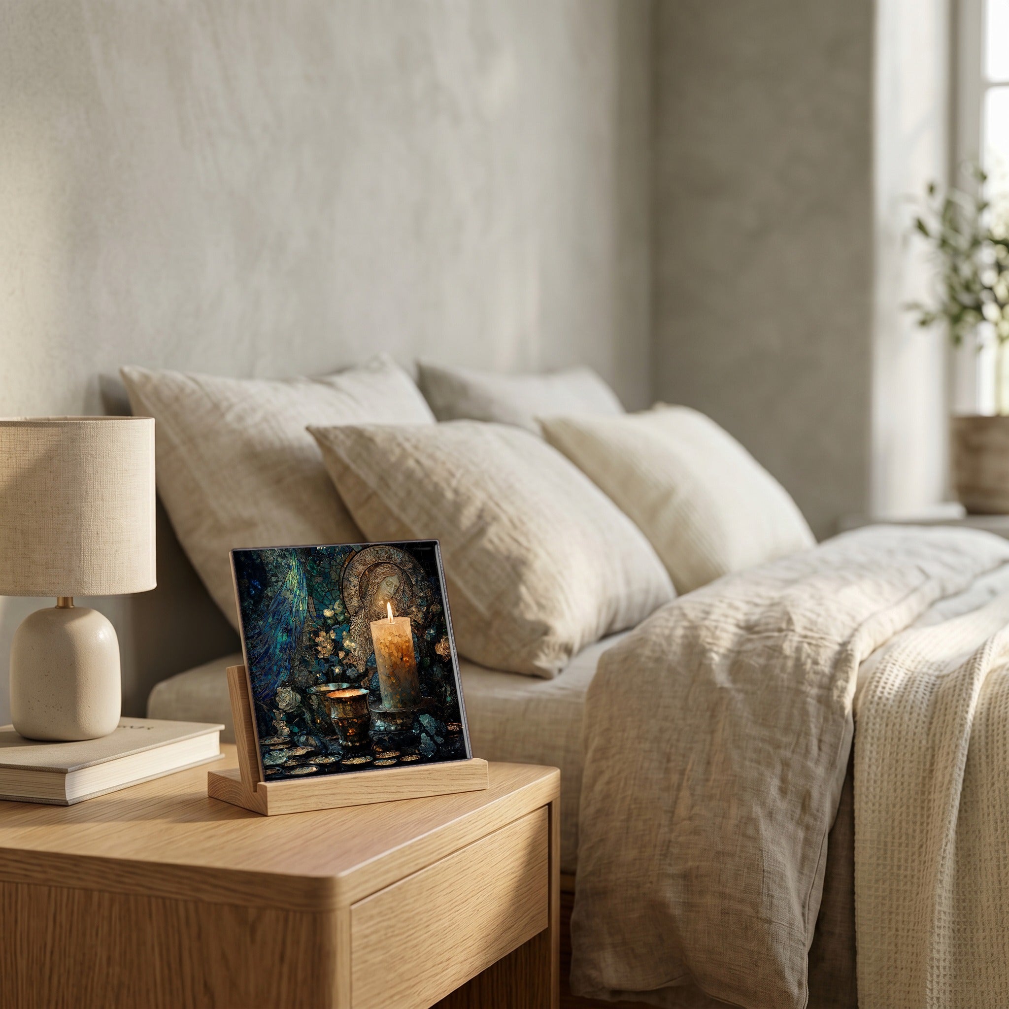 On the nightstand, on a light oak stand.