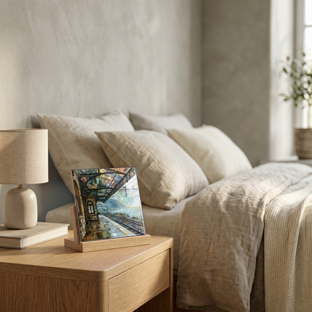 On the nightstand, catching the morning.