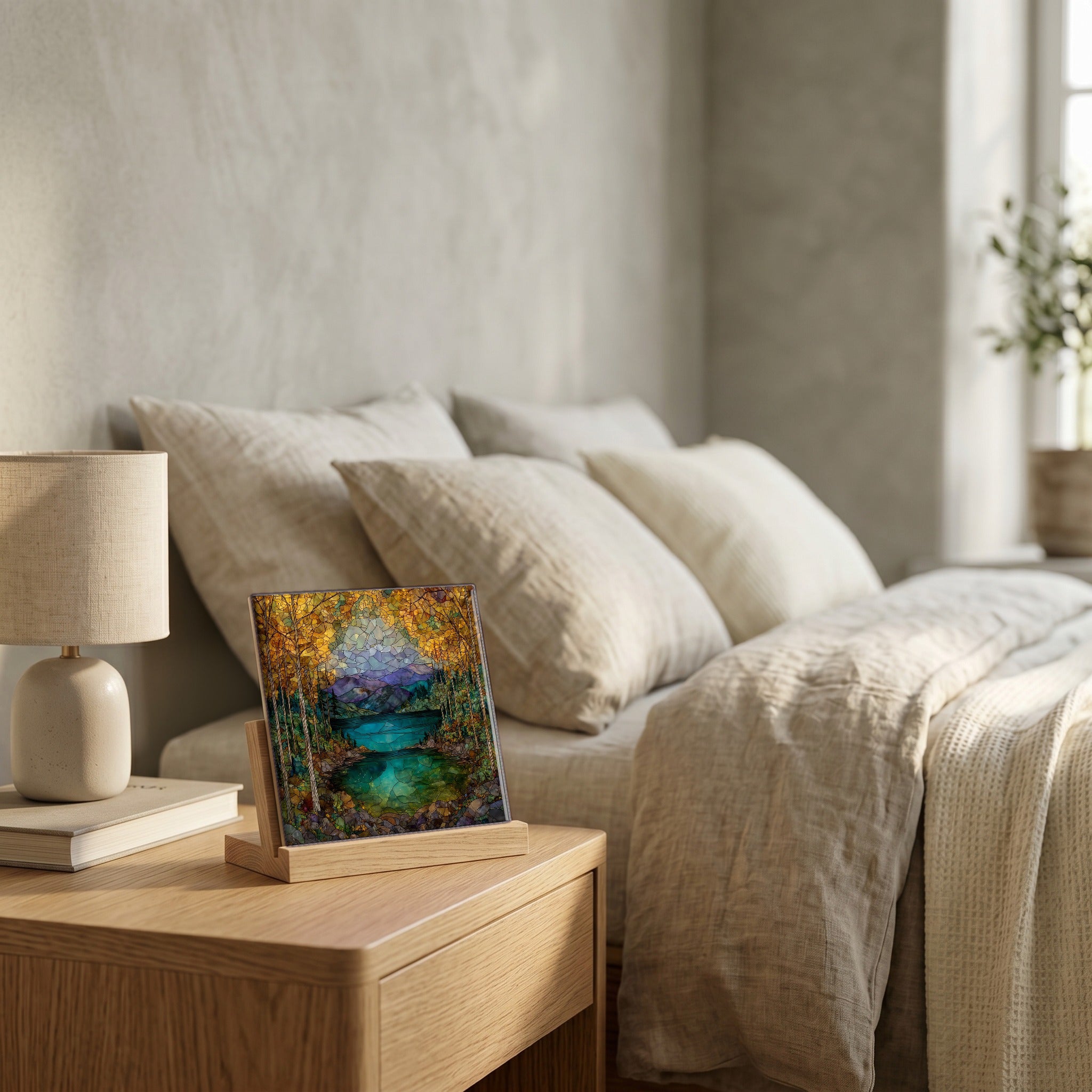 On the nightstand, catching the morning.
