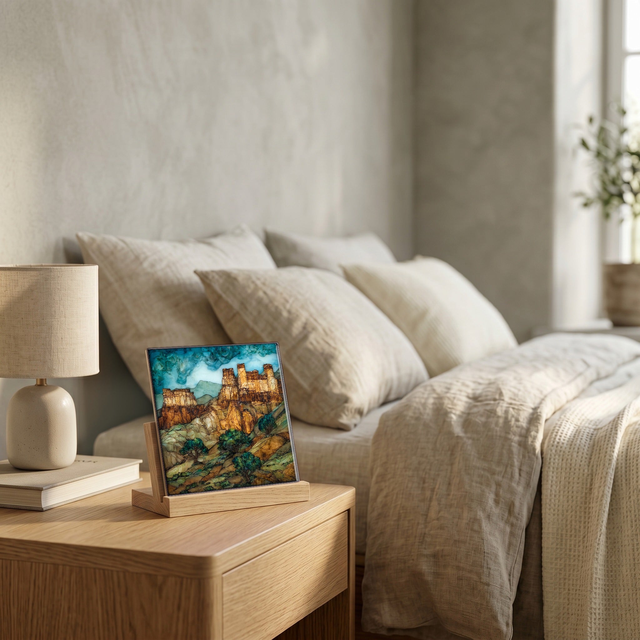 On the nightstand, catching the morning.