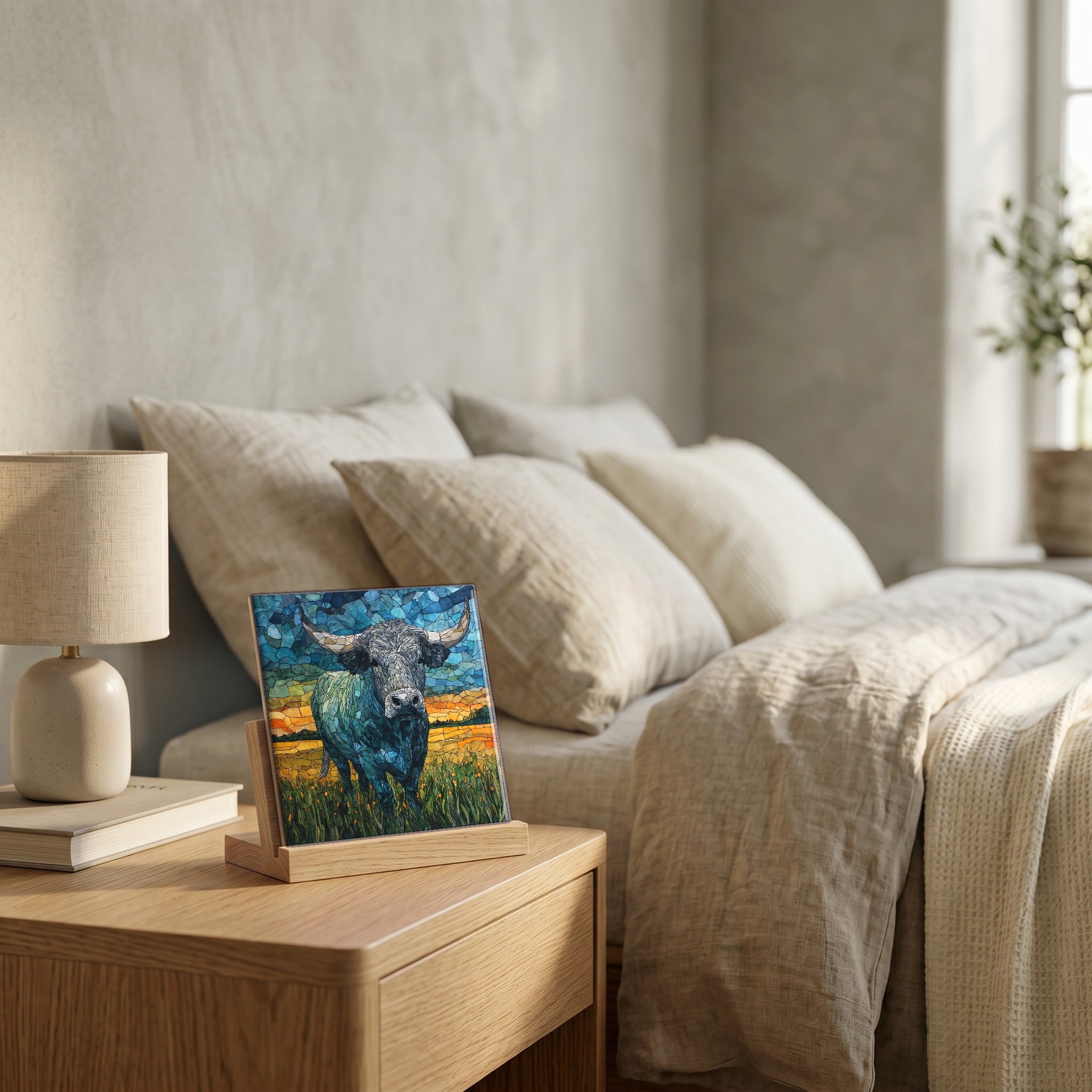 On the nightstand, catching the morning.