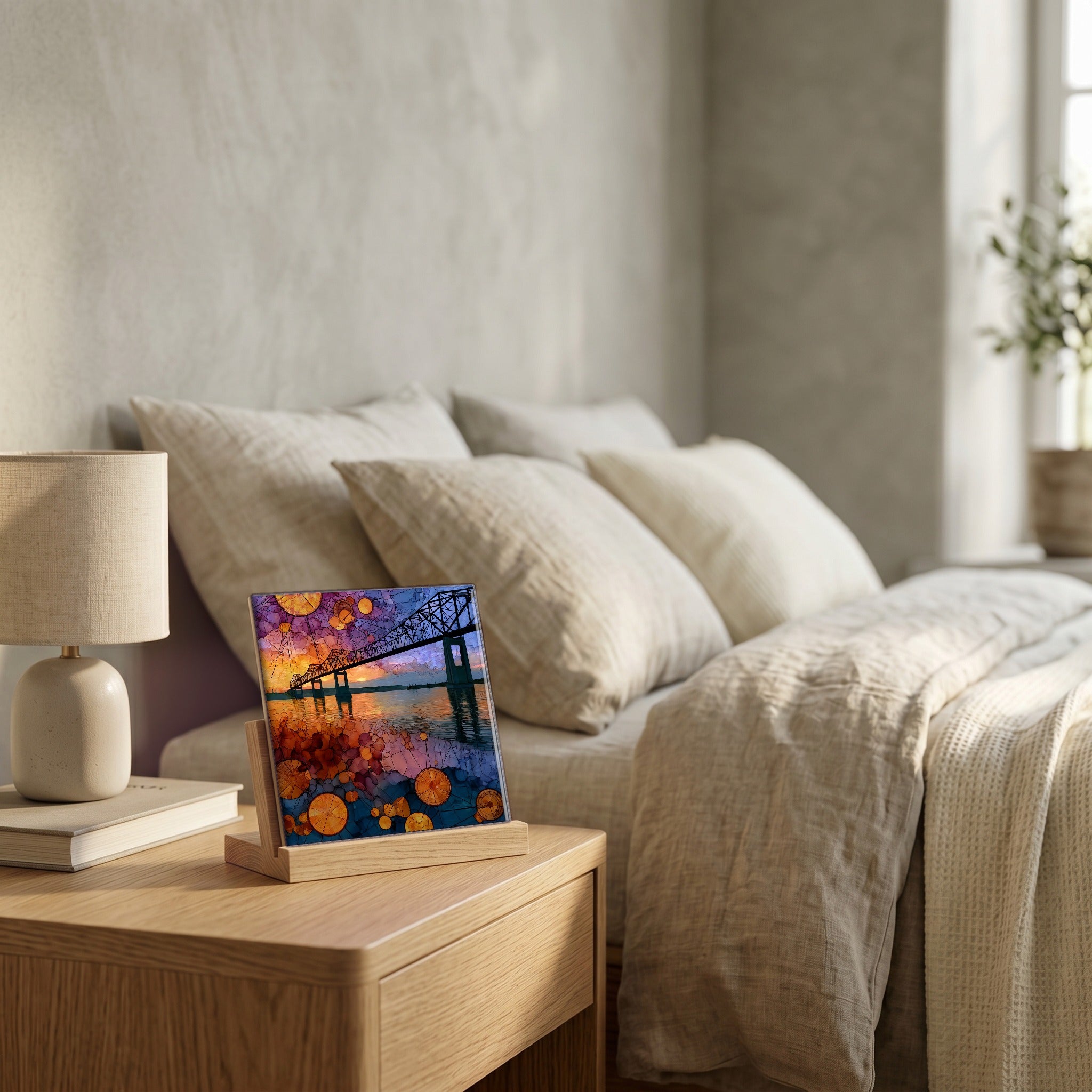 On the nightstand, catching the morning.