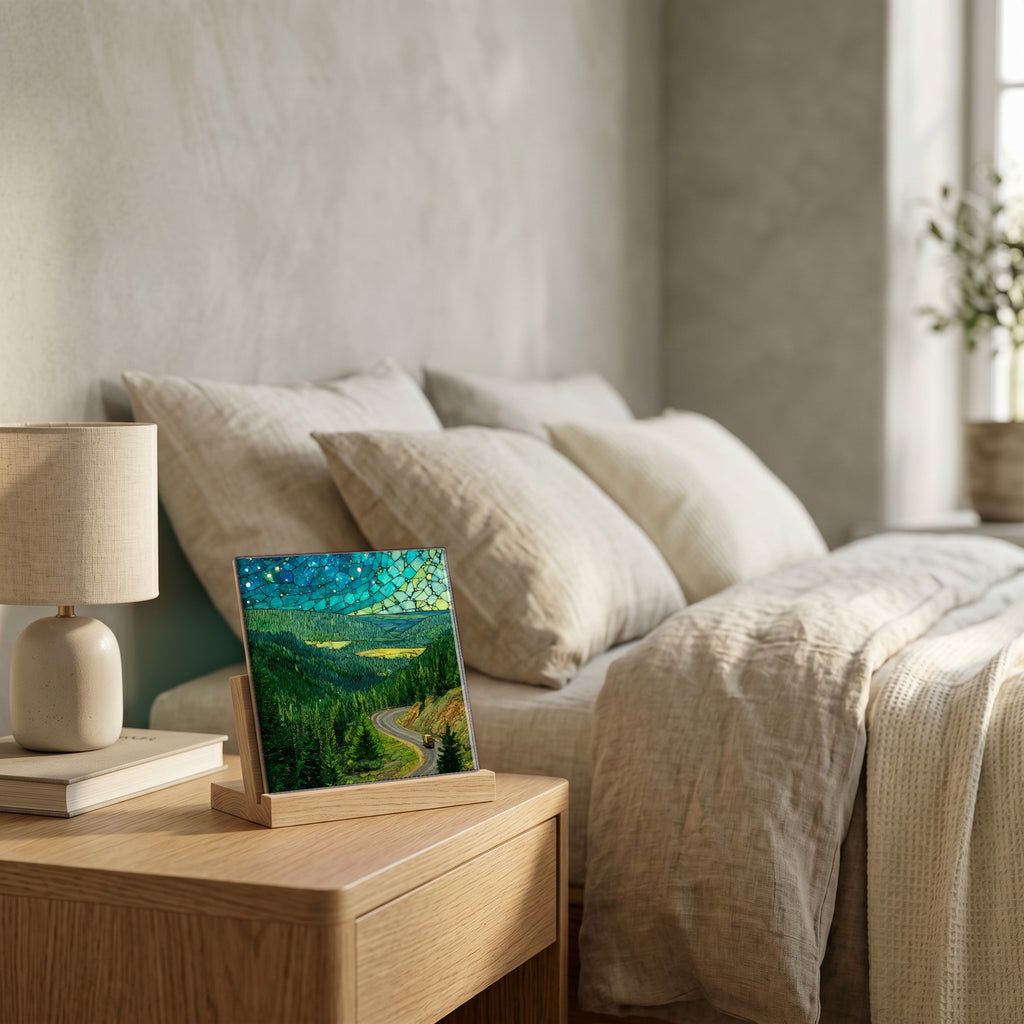 On the nightstand, catching the morning.
