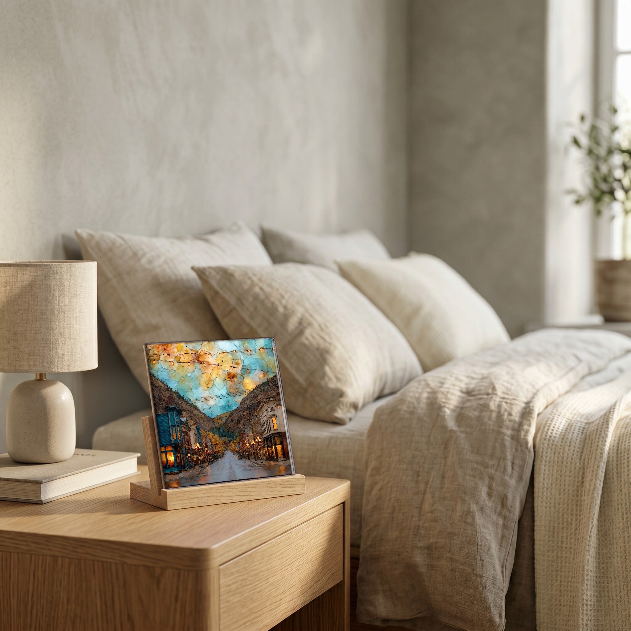 On the nightstand, on a light oak stand.