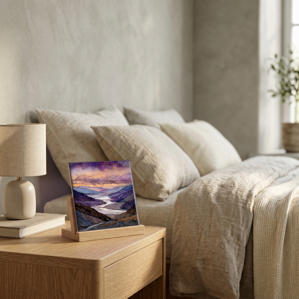 On the nightstand, on a light oak stand.