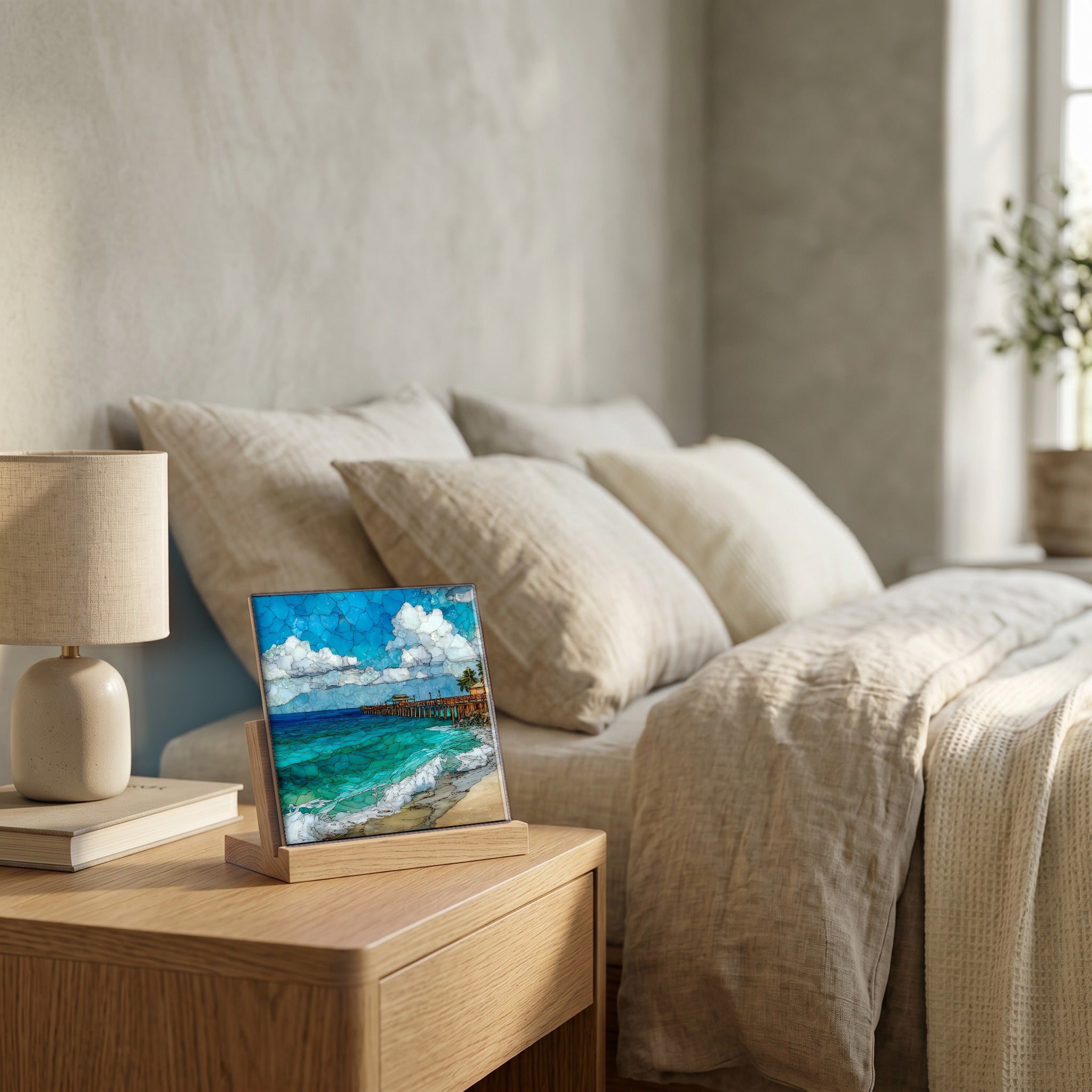 On the nightstand, catching the morning.