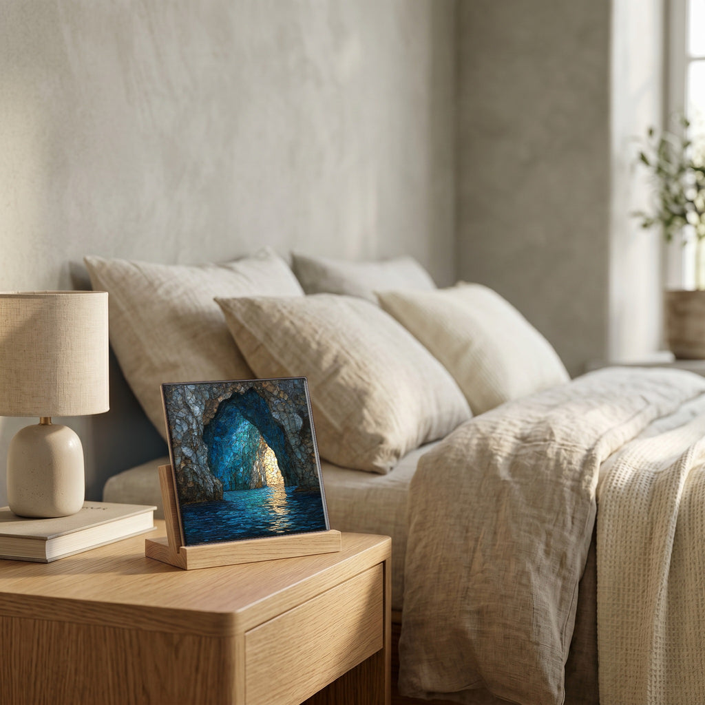 On the nightstand, on a light oak stand.