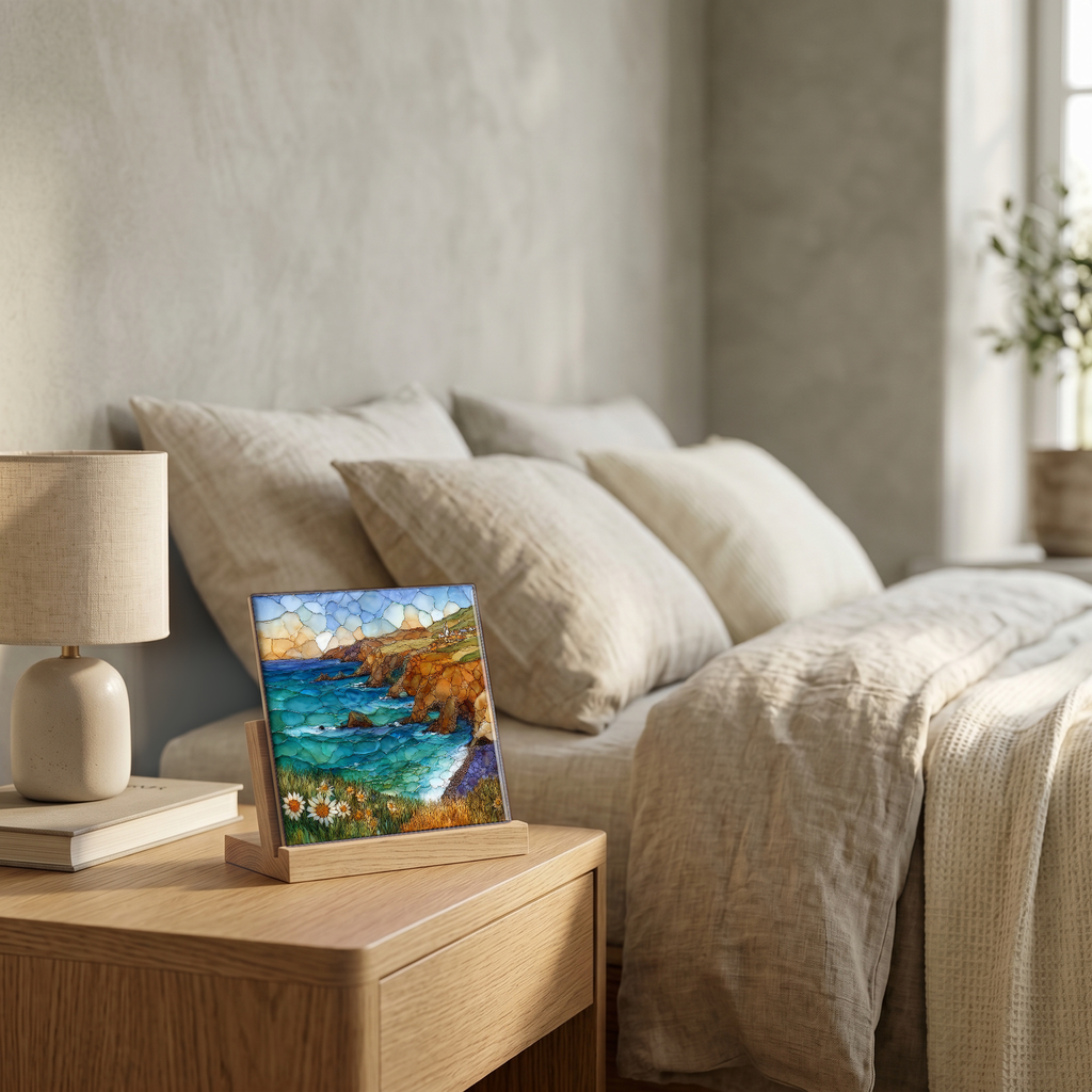 On the nightstand, on a light oak stand.