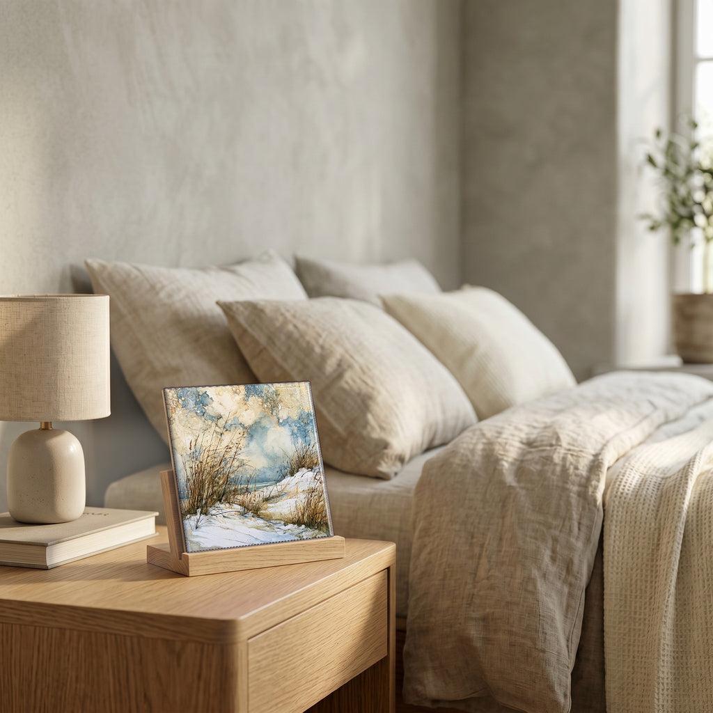 On the nightstand, catching the morning.