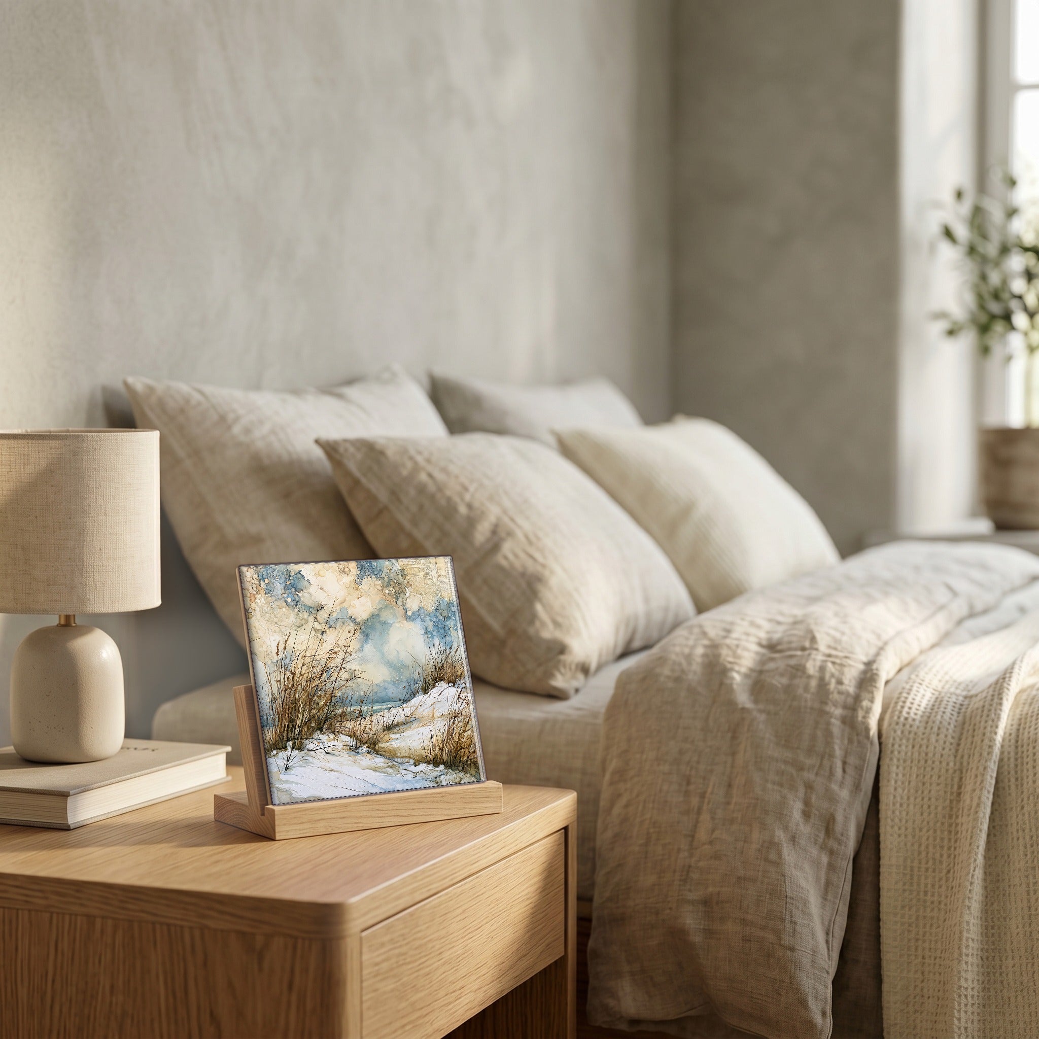 On the nightstand, catching the morning.