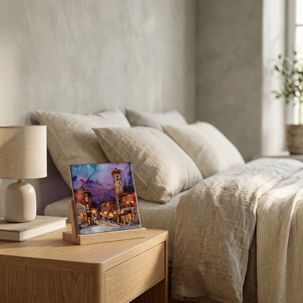 On the nightstand, on a light oak stand.