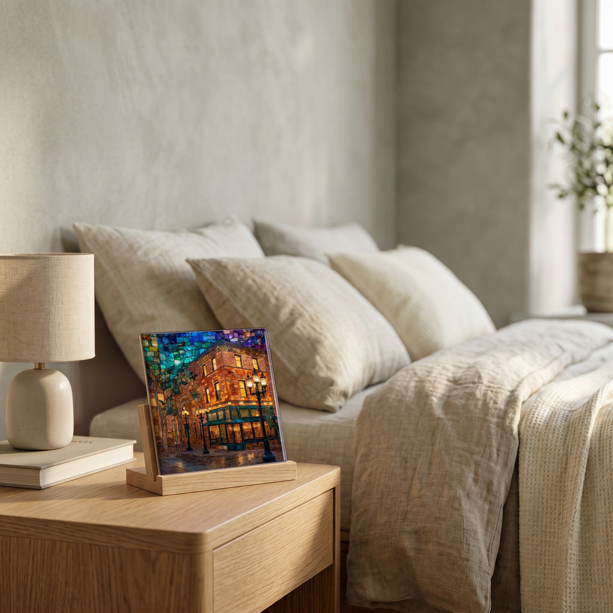 On the nightstand, catching the morning.