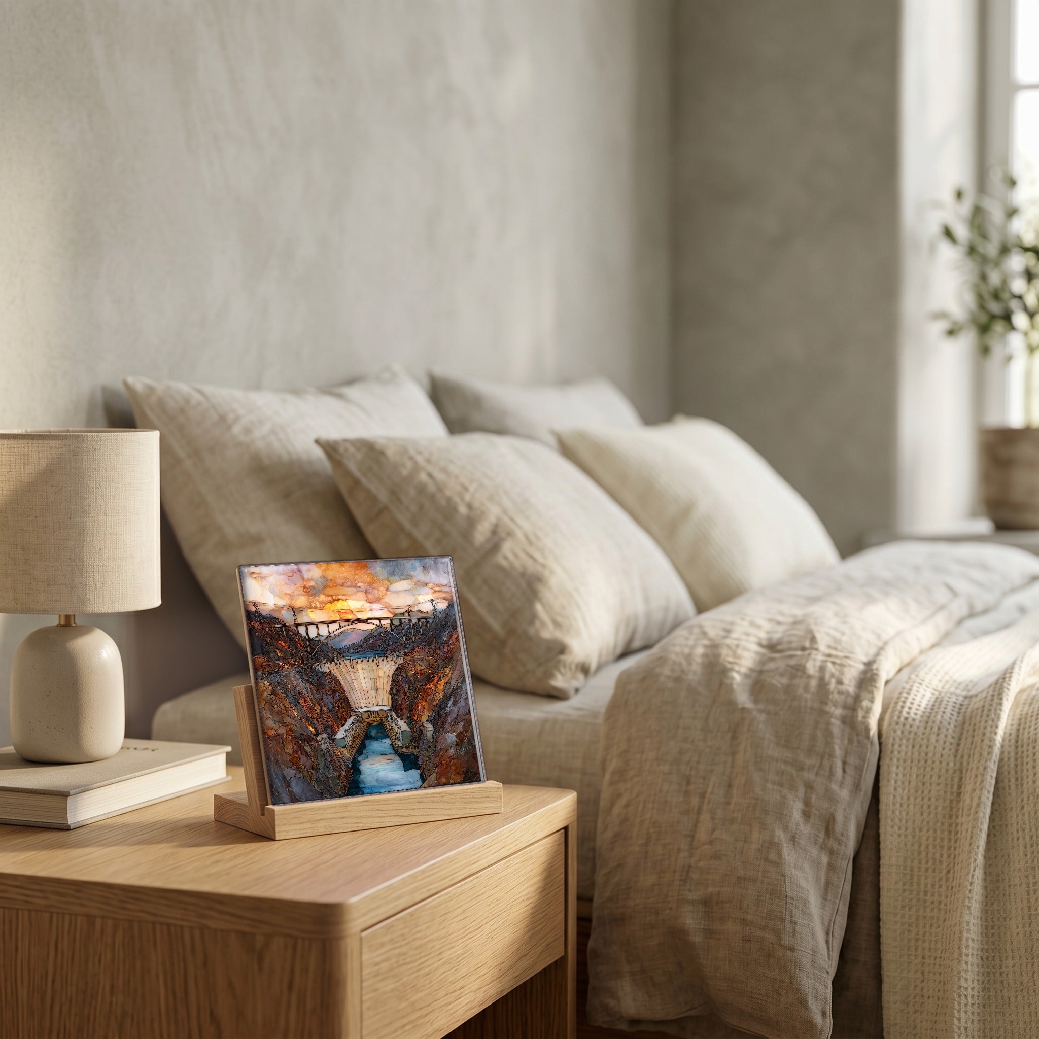 On the nightstand, catching the morning.