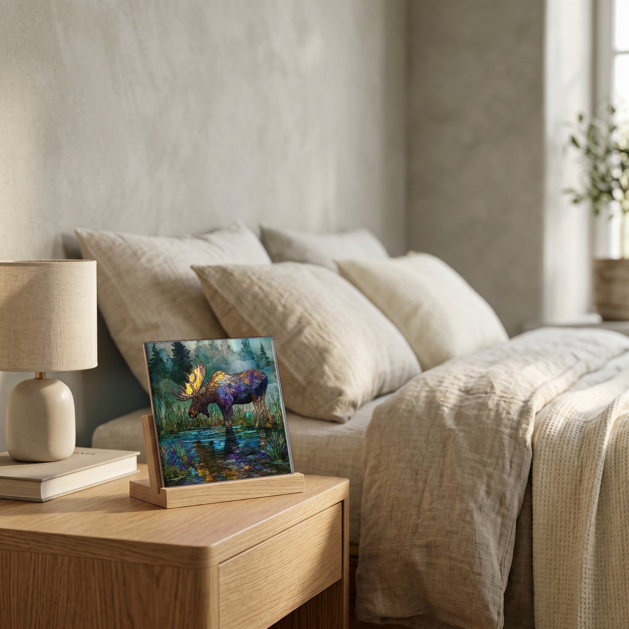 On the nightstand, catching the morning.