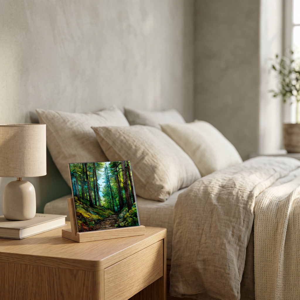 On the nightstand, catching the morning.