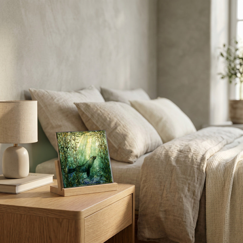 On the nightstand, catching the morning.