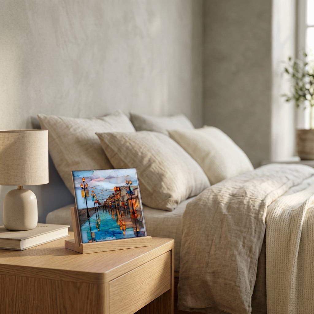 On the nightstand, catching the morning.