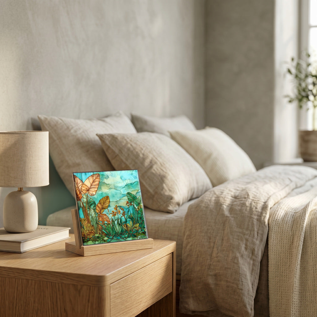 On the nightstand, on a light oak stand.