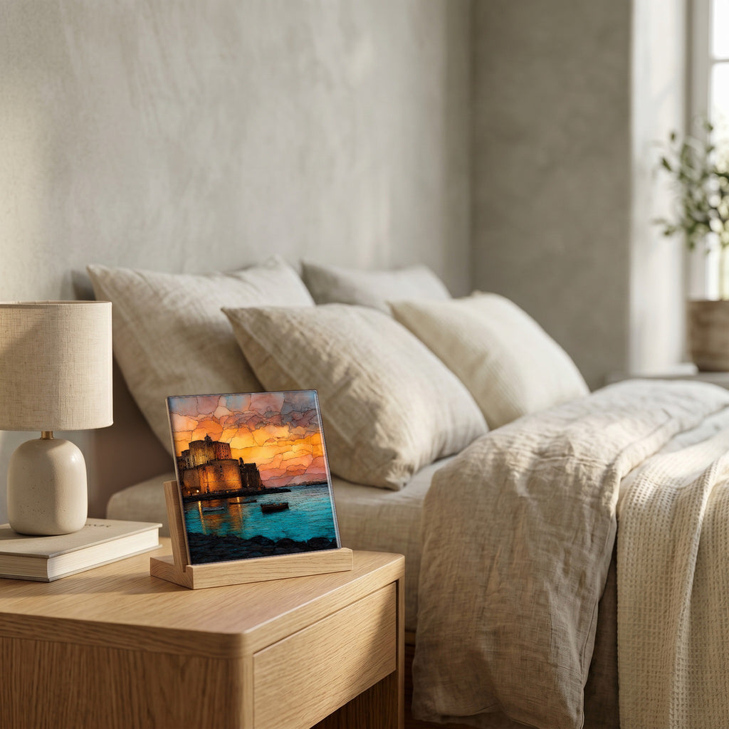 On the nightstand, on a light oak stand.