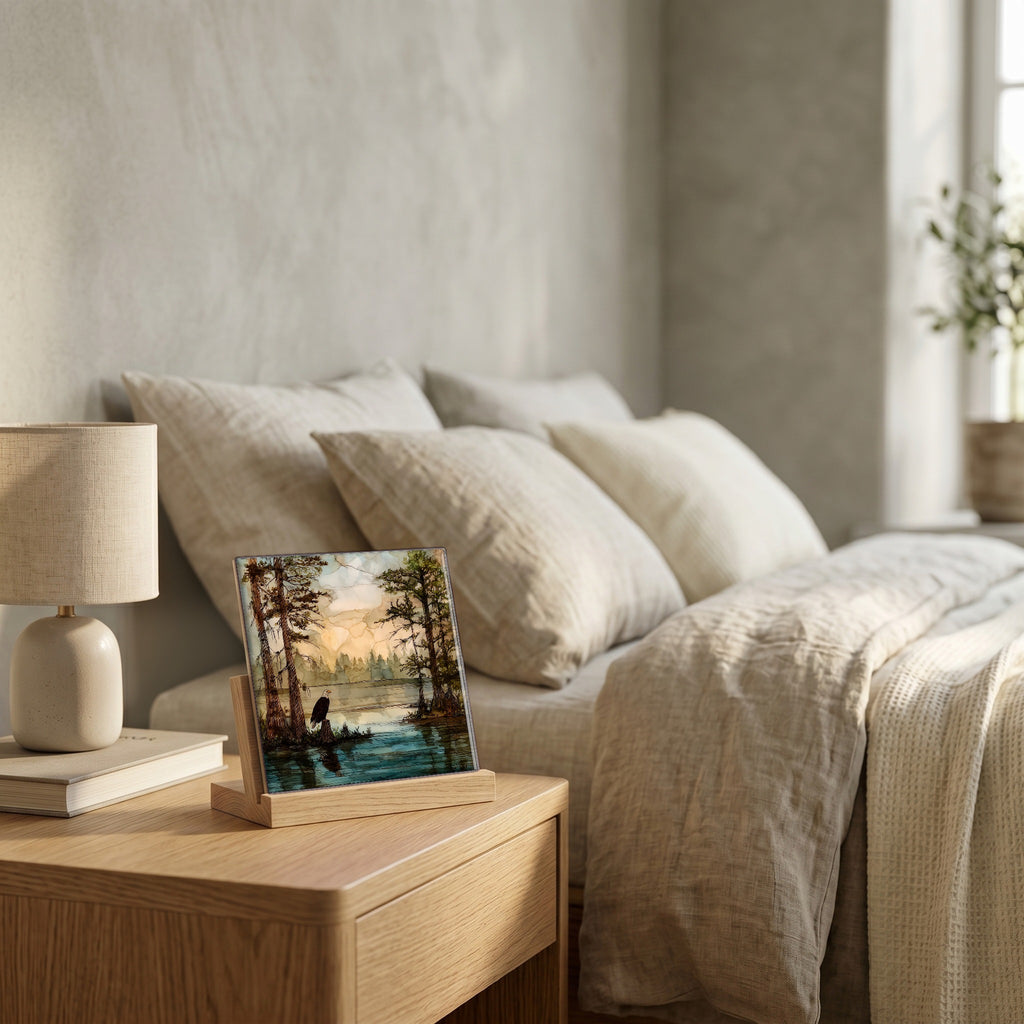On the nightstand, catching the morning.