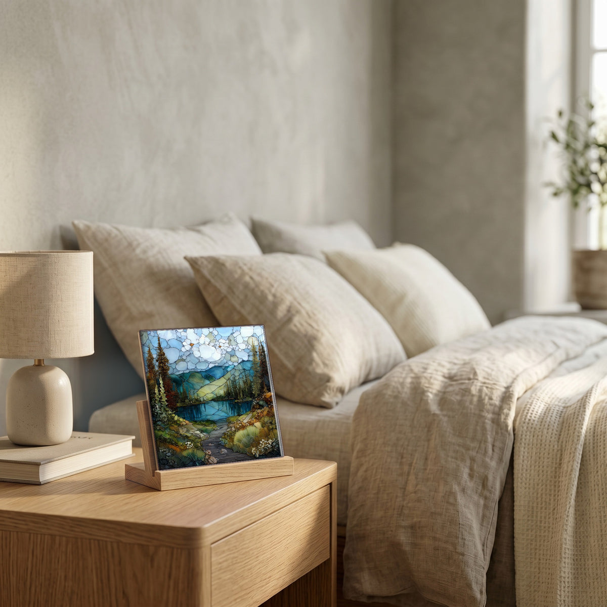 On the nightstand, catching the morning.