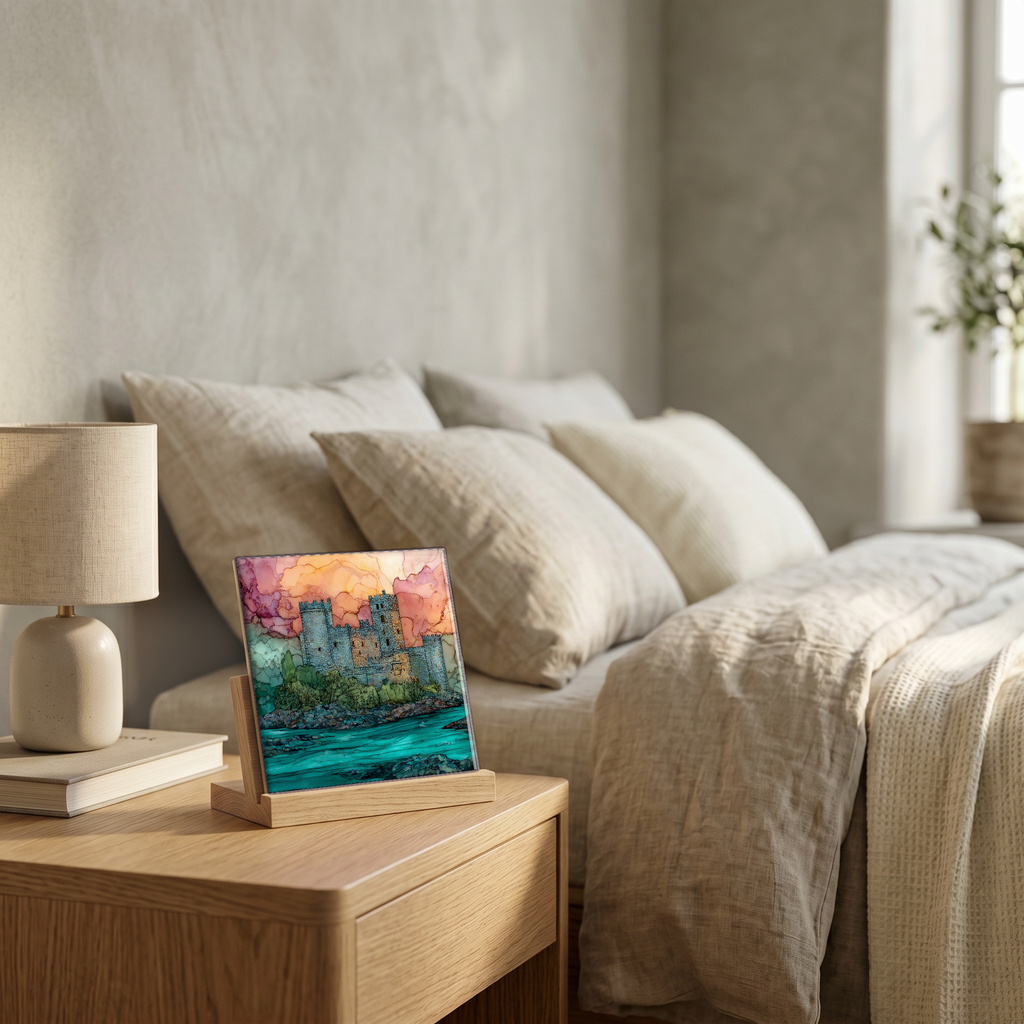 On the nightstand, on a light oak stand.