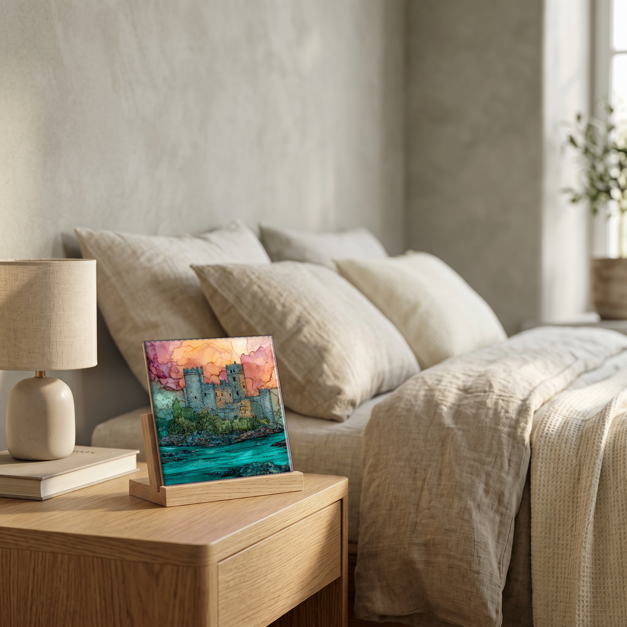 On the nightstand, on a light oak stand.