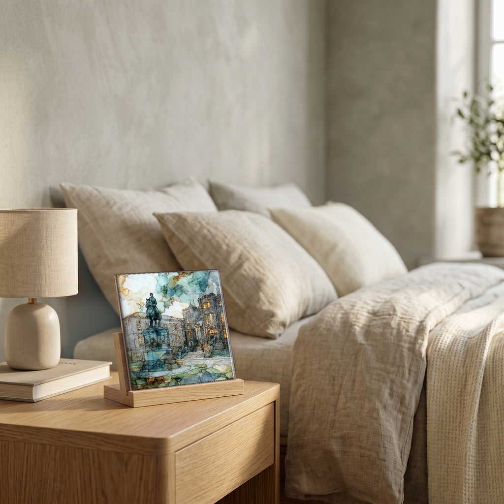 On the nightstand, catching the morning.