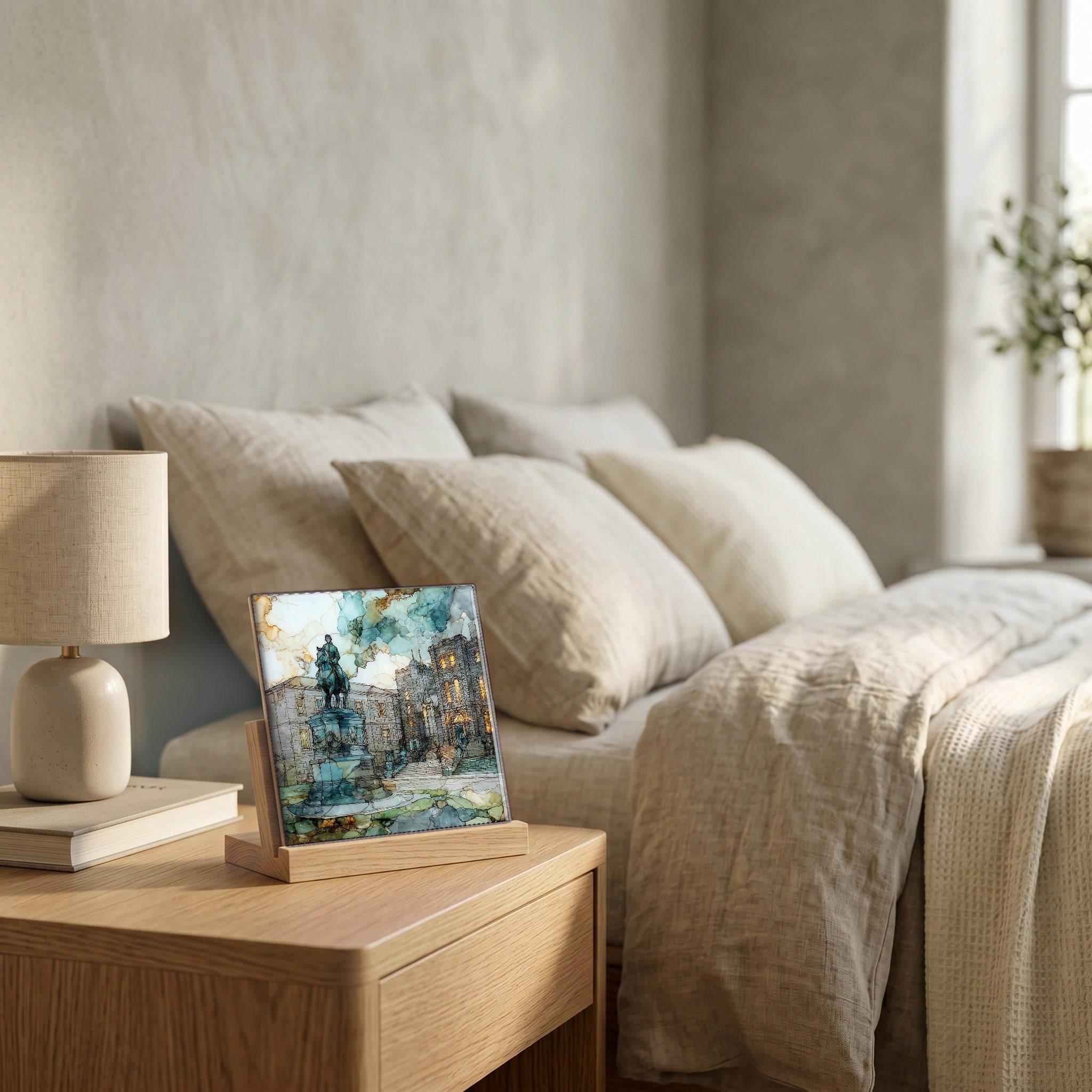 On the nightstand, catching the morning.