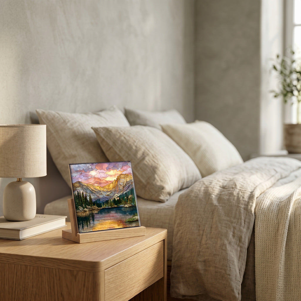 On the nightstand, on a light oak stand.