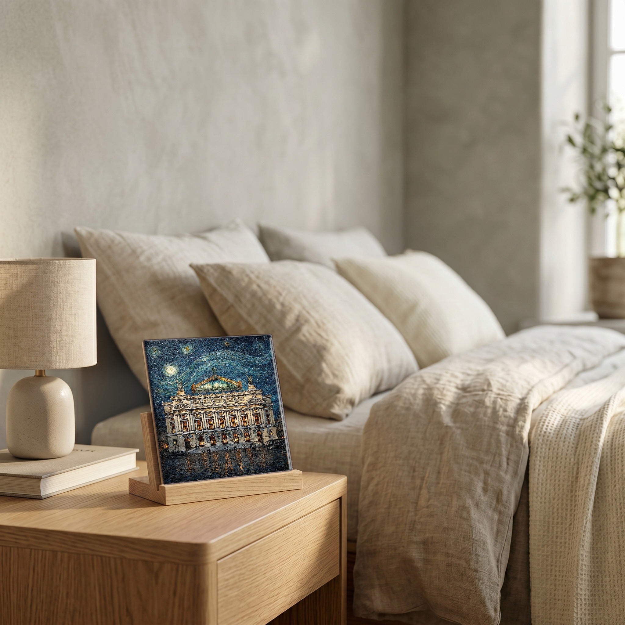 On the nightstand, on a light oak stand.