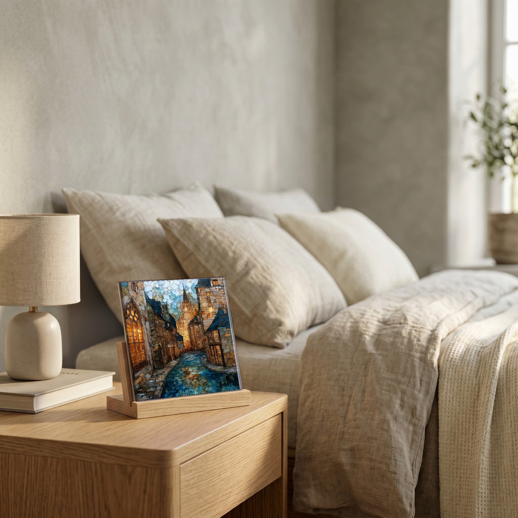 On the nightstand, on a light oak stand.